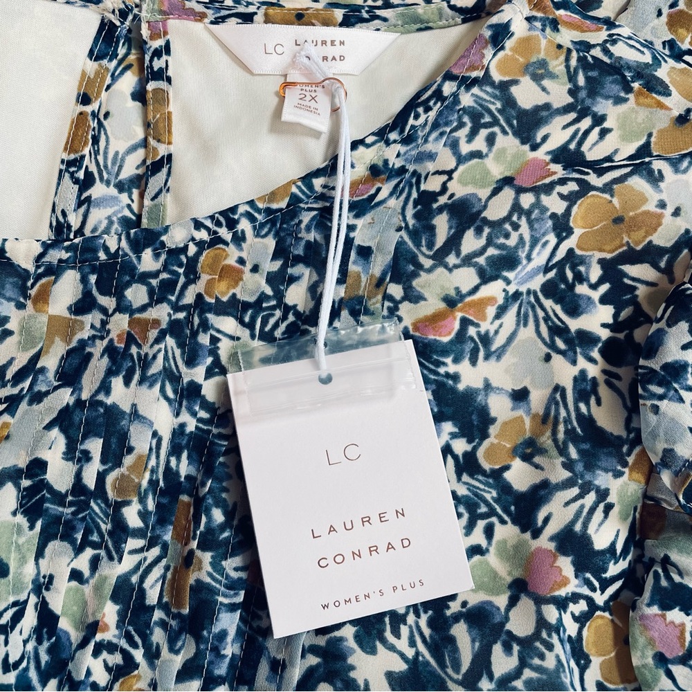LC Lauren Conrad Blue Floral Long Sleeve Chiffon Midi Dress 2XL Cottagecore NWT - Picture 3 of 6